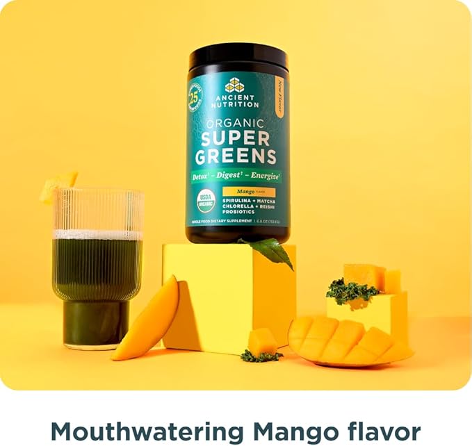 Ancient Nutrition SuperGreens Powder with Probiotics, Organic Mango Flavor Greens, Made from Real Fruits, Vegetables and Herbs, Digestive and Energy Support, 25 Servings, 6.8oz-StrideForce Fitness
