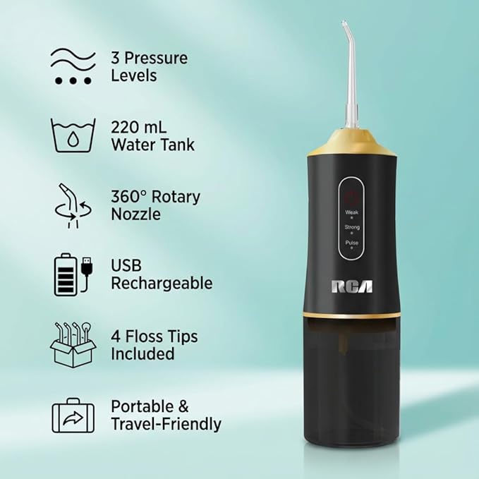 RCA Portable Water Flosser for Teeth & Gums – Cordless Rechargeable Oral Irrigator with 3 Pressure Levels, 4 Jet Tips & USB Tank – Travel Water Flosser for Teeth Cleaning (Black)