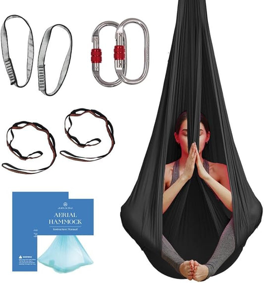 Aerial Silk Yoga Hammock & Swing for Home, Inversion Exercises, Starter Kit for All Levels - Durable with Extension Straps, Carabiners, and Pose Guide-StrideForce Fitness