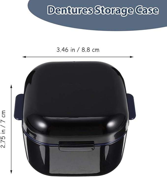 Yardwe Denture Bath Case Cup Box Portable False Teeth Holder Storage Soak Container Orthodontic Retainer Case with Strainer Basket for Travel Cleaning Black
