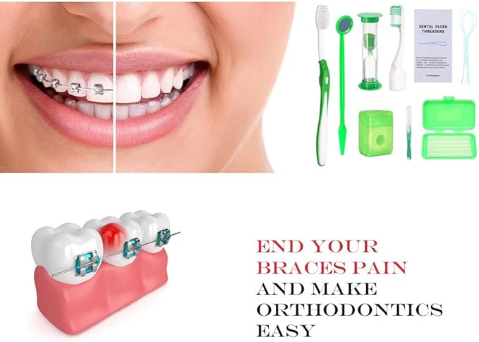 Wenge Portable Orthodontic Oral Care Kit - 2Pack - Travel Kit for Patients, Interdental Brushing Wax Floss Toothbrush Cleaning (Red_Green)