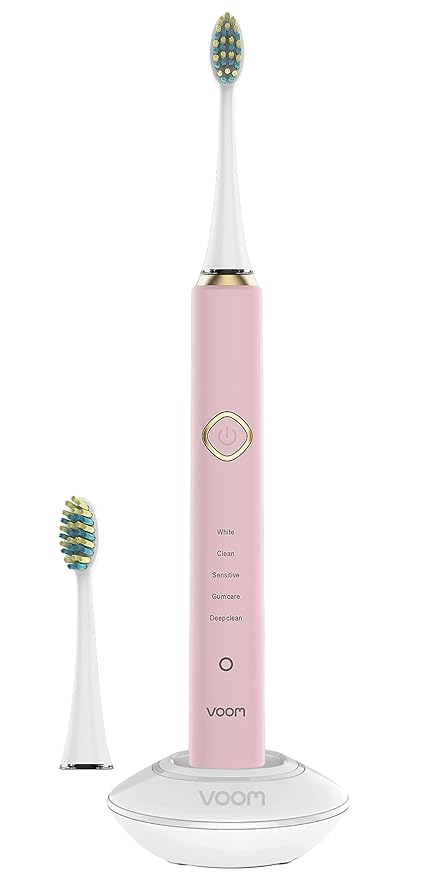 Voom Sonic Pro 7 Rechargeable Electronic Toothbrush + Pro 7 Series Replacement Brush Heads - 2-Minute Timer with Quadrant Pacing & 5 Adjustable Speeds,Soft Dupont Nylon Bristles Oral Care - Pink