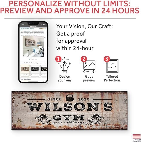 TAILORED CANVASES Personalized Gym Sign Wall Art Decor - Motivational Canvas s for Home Gym, Workout Room, Garage, Fitness Center - Workout Inspirational Posters - Kettlebell on Rustic, 48x16in-StrideForce Fitness