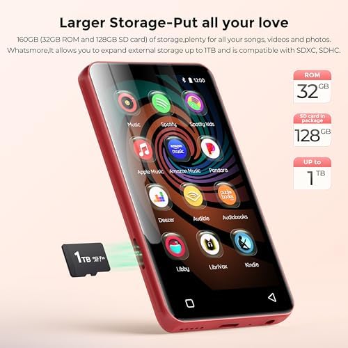 innioasis 160GB MP3 Player with Bluetooth and WiFi, Android Music Player with Spotify,Amazon Music,Pandora,4" Full Touch Screen MP3 Player with Audible,Libby,Audiobooks (Black_Red)-StrideForce Fitness