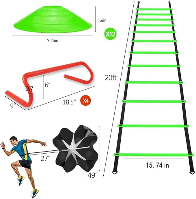 Speed & Agility Ladder Training Equipment Set, Includes 12 Rung 20ft Agility Ladder, 4 Agility Hurdles,12 Disc Cones, 1 Resistance Parachute for Training Football Soccer Basketball Athletes-StrideForce Fitness