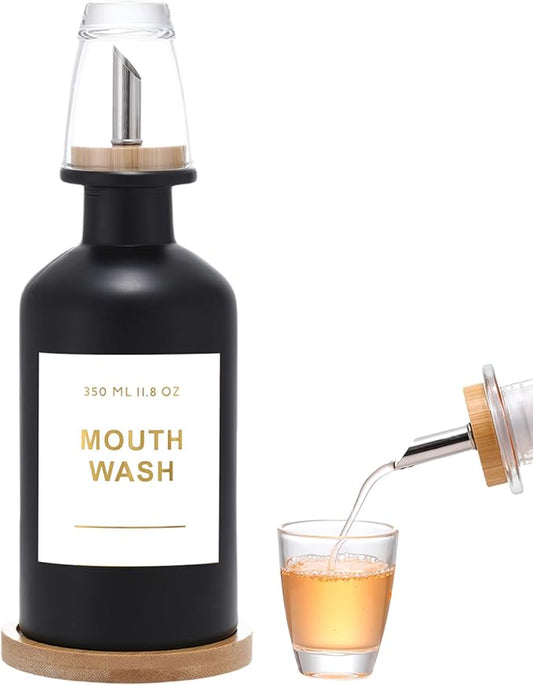 11.8OZ Glass Mouthwash Dispenser for Bathroom with Stainless Steel & Bamboo Nozzle, Mouthwash Cup Reusable, Bamboo Tray, and Elegant Gold Sticker.(Black)