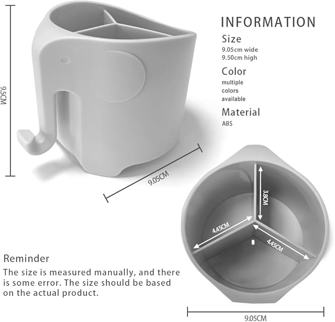 Kids Toothbrush Holder, Cute Elephant Toothbrush Holders for Toddler, Toothbrush Toothpaste Holder for Bathroom, Toothbrush Organizer with 3 Slots and a Hook, Grey
