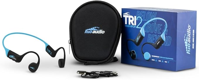 H2O Audio TRI 2 Multisport Waterproof Bone Conduction Open Ear Headphones, Bluetooth 5.3 for Running and Cycling, MP3 Mode for Swimming, 8GB Memory, 8.5-Hour Battery, Black/Blue-StrideForce Fitness