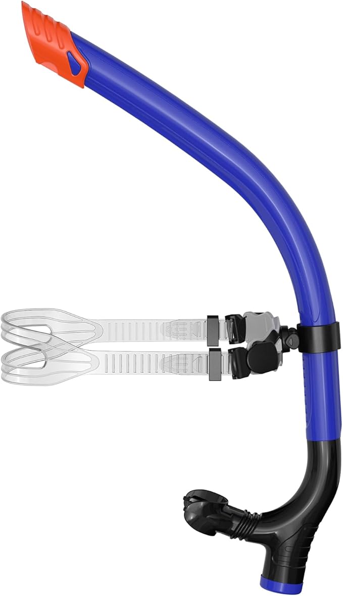 Swimmer's Snorkel for Lap Swimming, Adult Snorkeling Gear Swim Training, Center-Mount Silicone Mouthpiece One-Way Purge Valve in Pool and Open Water-StrideForce Fitness
