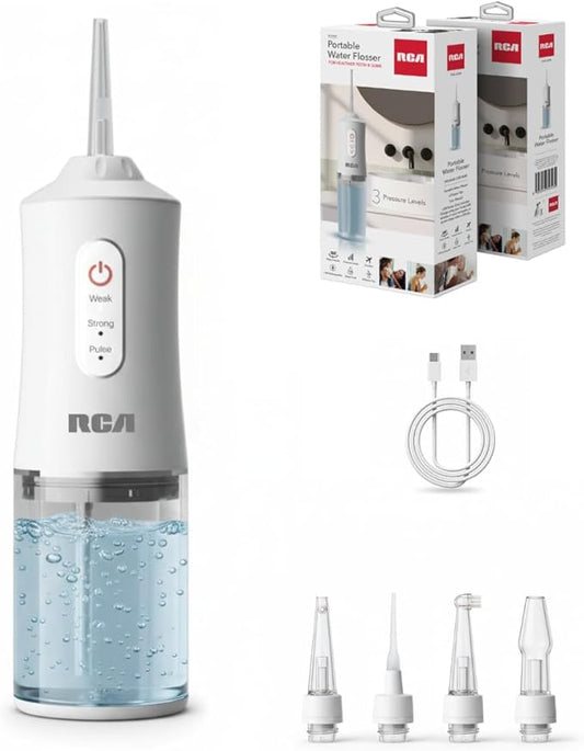 RCA Portable Water Flosser for Teeth & Gums – Cordless Rechargeable Oral Irrigator with 3 Pressure Levels, 4 Jet Tips & USB Tank – Travel Water Flosser for Teeth Cleaning (Light Blue)