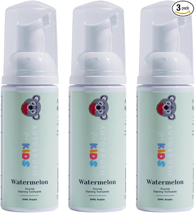 Autobrush Fluoride Foaming Toothpaste for Kids, Watermelon Flavor, Whitening & Deep Cleaning, Travel Friendly, Anti-Cavity (Pack of 3)