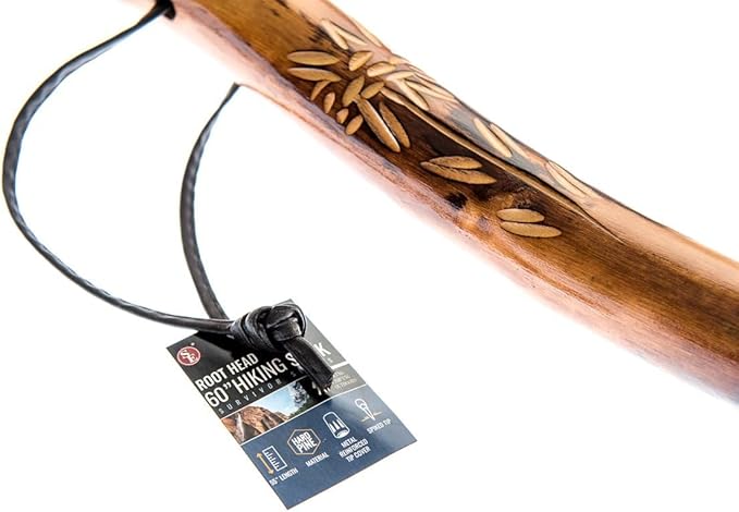 SE 60-Inch Natural Wood Walking Stick with Root Head & Steel Tip - Hand-Carved Floral Design, Huangtang Wood, Grooved Grip - WS631-60RH-StrideForce Fitness