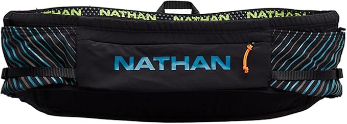 Nathan Running Belt Pinnacle Hydration Waistbelt/WaistPack. Includes Soft Flask, Storage, Zipper Pocket. For Running, Hiking Fanny Pack. No Bounce! (L/XL, Black/Blue)-StrideForce Fitness