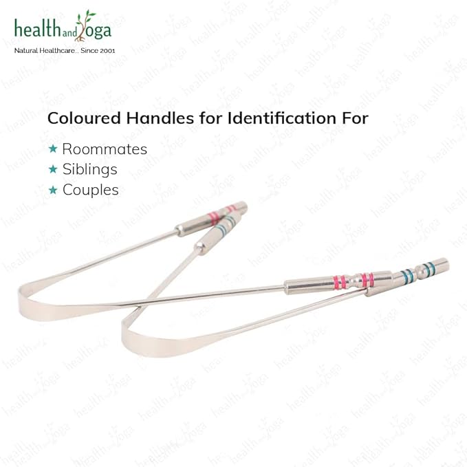 HealthAndYoga™ SteloSwipe His and Hers Premium Tongue Cleaners for Partner and You (2 pcs) - Quality Steel Tongue Scrapers with Color Identifying Hygienic Steel Grips
