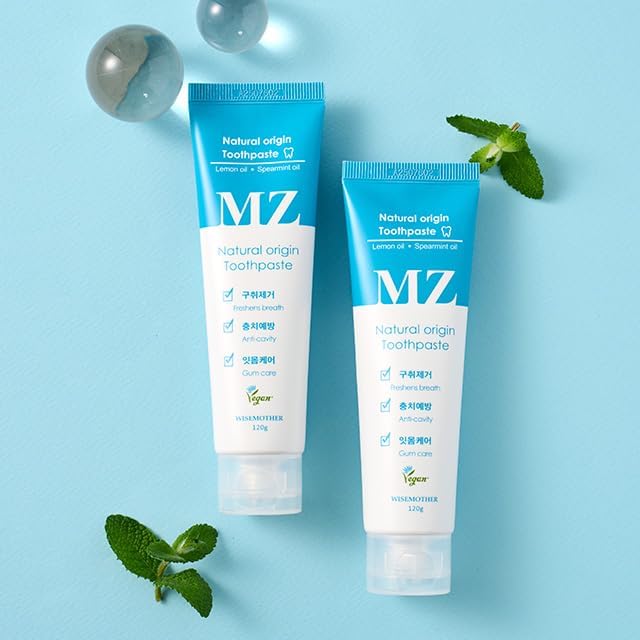 WISEMOTHER MZ Fresh Vegan Toothpaste Set – 3 Full-Size (120g) + 2 Travel-Size (20g), Fluoride-Free SLS-Free Natural Mint Toothpaste with Lemon Oil & Xylitol, Gentle on Gums