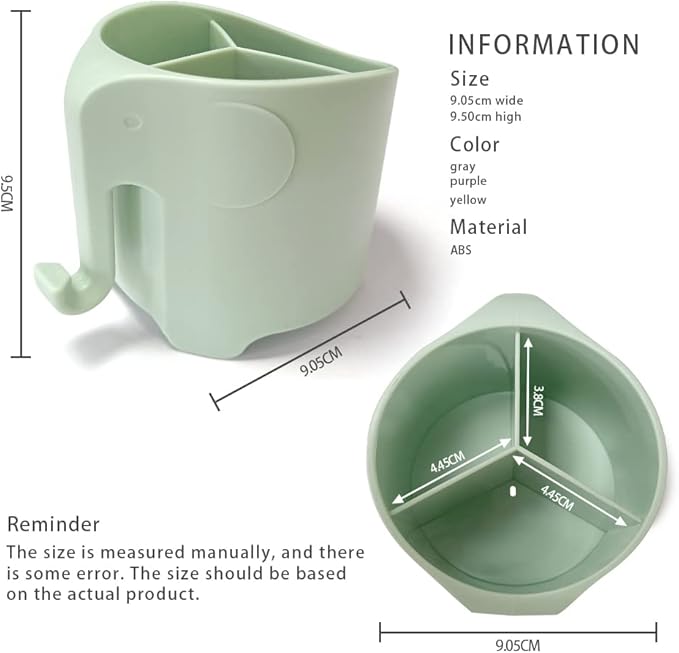 Kids Toothbrush Holder, Cute Elephant Toothbrush Holders for Toddler, Toothbrush Toothpaste Holder for Bathroom, Toothbrush Organizer with 3 Slots and a Hook, Green