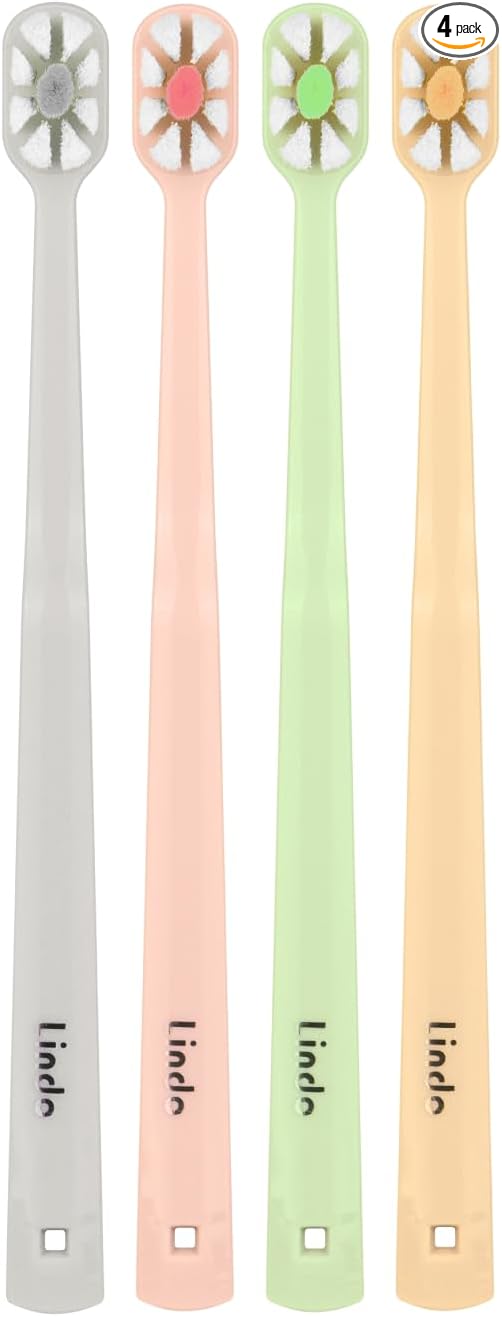 Lindo Polishing Toothbrush - for Sensitive Gums and Teeth, 12000+ Ultra Fine Bristles, Soft and Gentle, Deep Clean, Pack of 4 (Blue, Gray, Beige, Black) (Light Gray, Pink, Green, Peach, 4 Pack)