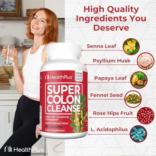 Health Plus Super Colon Cleanse 15 Day Supply of Gentle Gut Cleanse Detox, Psyllium Husk, Probiotics for Constipation Relief & Digestive Support, 60 Capsules-StrideForce Fitness