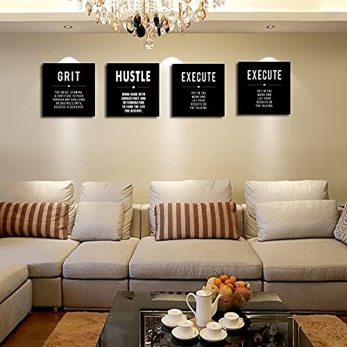 Motivational Grit Success Execute Hustle Quotes Canvas Wall Art -Inspirational Office Wall Art Poster Quotes - Canvas Artwork Picture Print Framed for Home Bedroom Office Wall Decor-12 x12 x4pcs-StrideForce Fitness