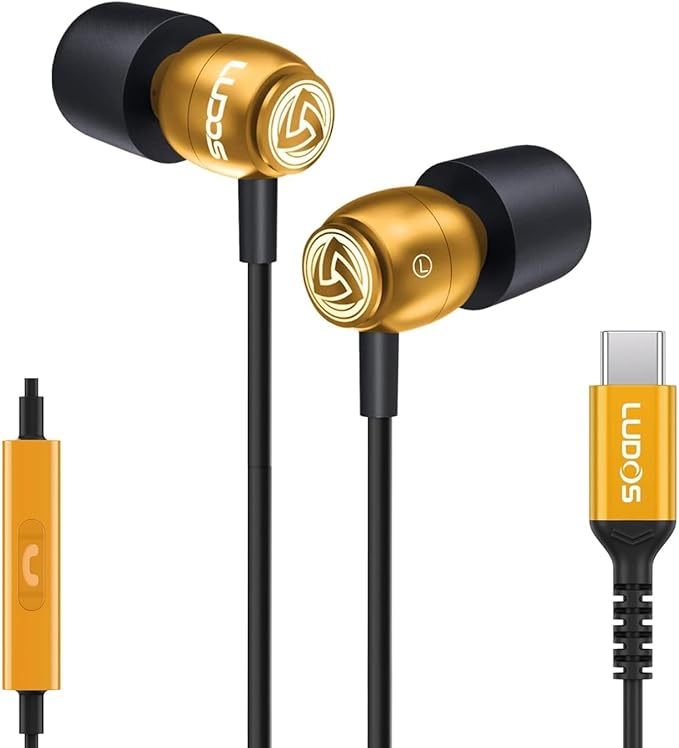 LUDOS Clamor USB C Headphones for iPhone 16 15 Pro Max Plus iPad Pro, 5 Years Warranty, USB-C Earbuds for Samsung Galaxy S24 S23 Ultra S22 S21 FE S20 A55 A54 A53, USB Type C Earphones - Gold-StrideForce Fitness