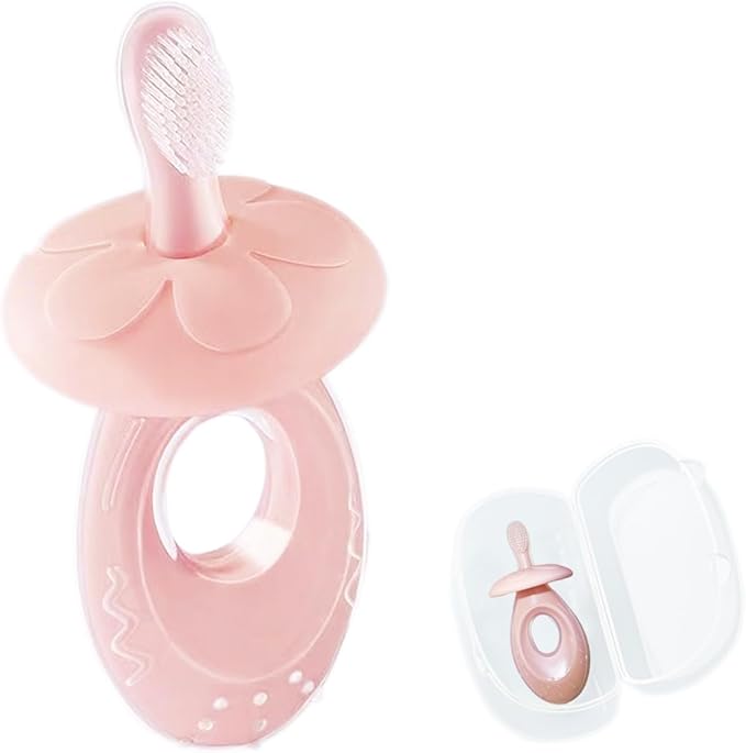 Baby Toothbrush & Teether for Infant and Toddler, Silicone Baby Oral and Tongue Cleaner, Ultra Soft Infant Training Toothbrush with Travel Case, Adjustable Safety Shield - Pink