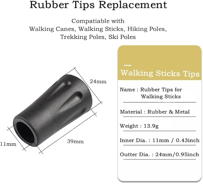 6pcs Walking Stick Tips, Replacement Rubber Tips for Walking Sticks, Trekking Pole Tips Baskets Hiking Pole Tips Feet Shock Absorption Rubber Cane Tips 11mm Diameter Survival Hiking Stick Accessories-StrideForce Fitness