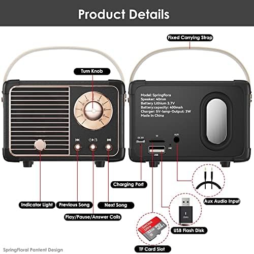 Retro Bluetooth Speaker, Vintage Decor, Small Portable Wireless Speaker,Hands-Free Call,400mA Battery,TF Card,Aux Line, for iOS Android Smartphone Home Office Gift Ideas Black-StrideForce Fitness