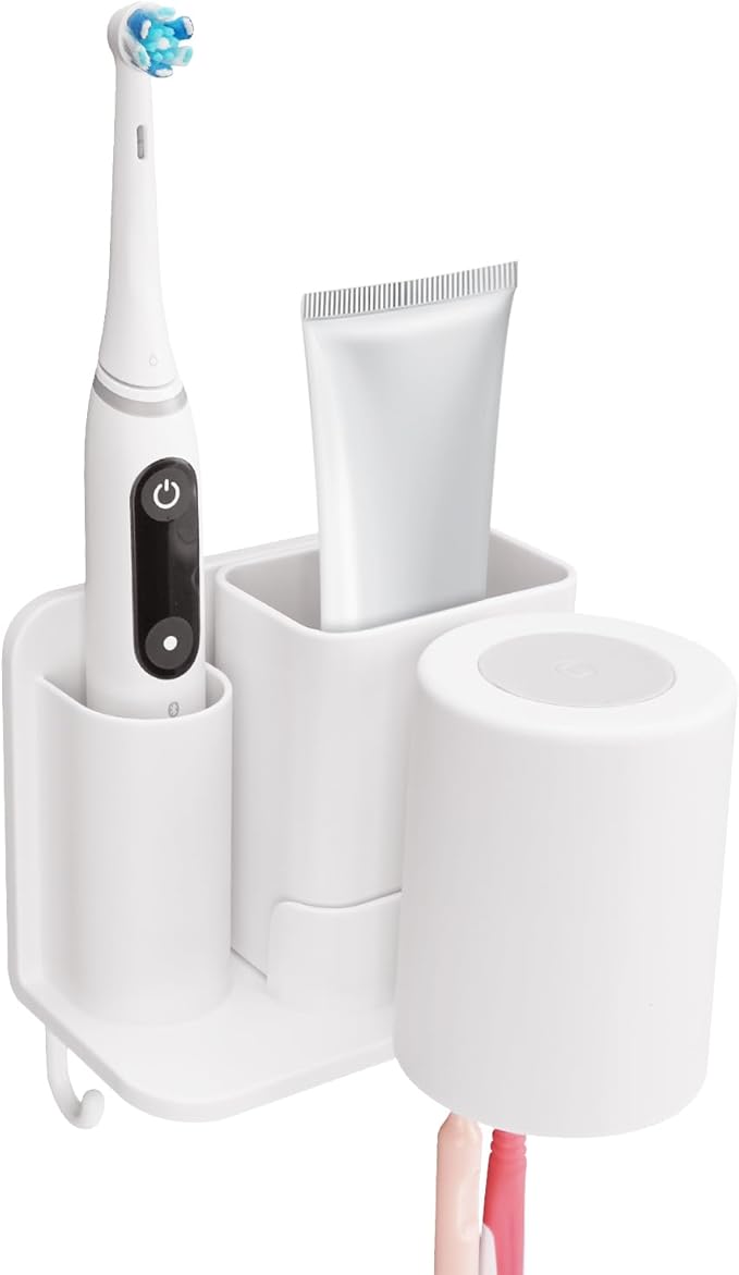 Toothbrush Holders with Mouthwash Cup Wall Mounted for Bathrooms, 2 Slots Bathroom Organizer for Toothpaste, Electric Toothbrush, Razor, Floss, Self Adhesive Toothbrush Hanger Storage for Shower