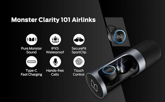 Monster Clarity 101 AirLinks Wireless Earbuds, Bluetooth 5.0 in-Ear Headphones with Charging Case, Stereo Earphones Deep Bass Sound, IPX5 Waterproof, Built-in Mic, Clear Call, Secure Fit for Sports-StrideForce Fitness