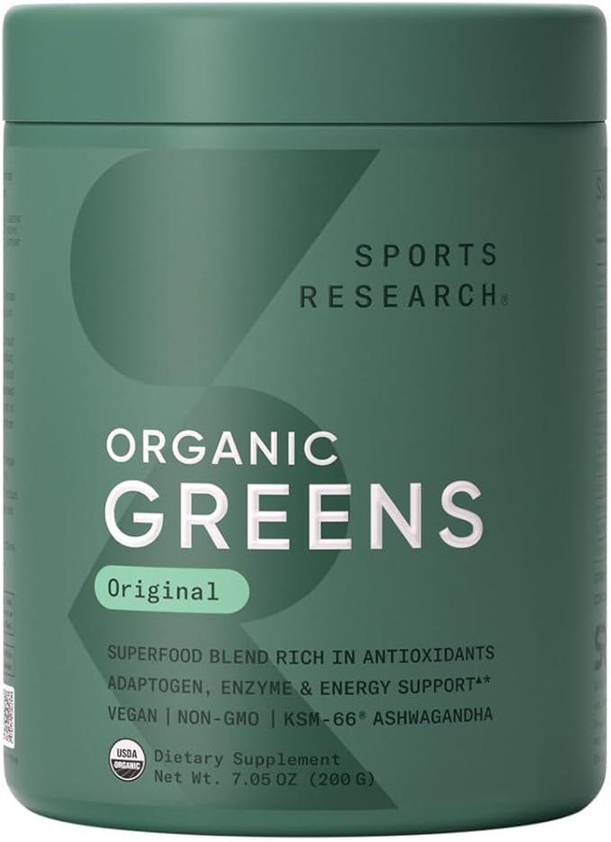 Sports Research® Organic Greens Superfood Powder w/Spirulina & Chlorella, Adaptogens, Enzymes, Probiotics & 8 VIT Bs for Gut & Mood Support* - Vegan, Sugar-Free & Low-Cal Original 20 Servings-StrideForce Fitness