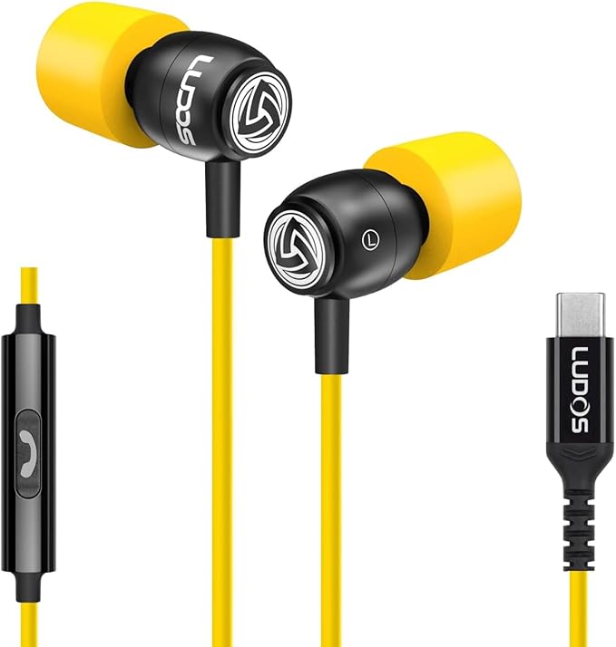 LUDOS Clamor USB C Headphones for iPhone 16 15 Pro Max Plus iPad Pro, 5 Years Warranty, USB-C Earbuds for Samsung Galaxy S24 S23 Ultra S22 S21 FE S20 A55 A54 A53, USB Type C Earphones - Yellow-StrideForce Fitness
