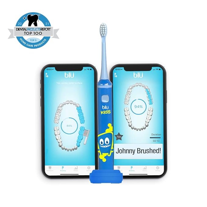 Blu Smart Bluetooth Enabled Kids Toothbrush with Live Tracking App to Teach Children Healthy Brushing Habits, Share Results with Your Dentist (Blue). Wireless Rechargeable Electric.