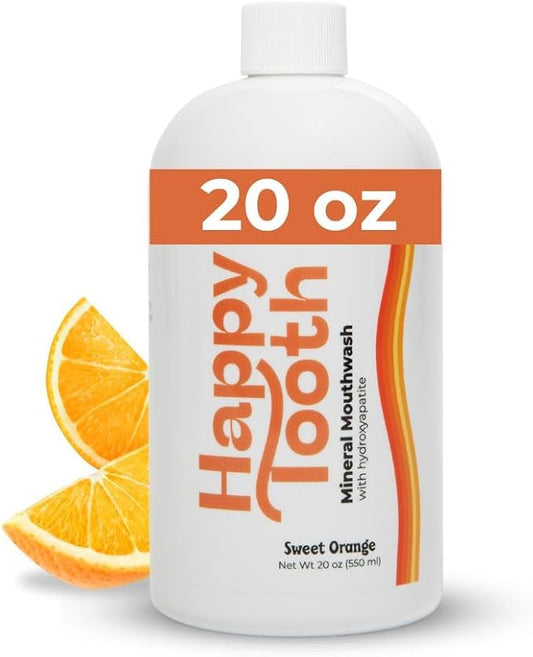 Happy Tooth Hydroxyapatite Mouthwash, Fluoride Free, Teeth Whitening, Remineralizing for Enamel Strength, Fresh Breath, Oral Microbiome Support, Dentist Formulated, Gentle Care, Sweet Orange, 20 Fl Oz