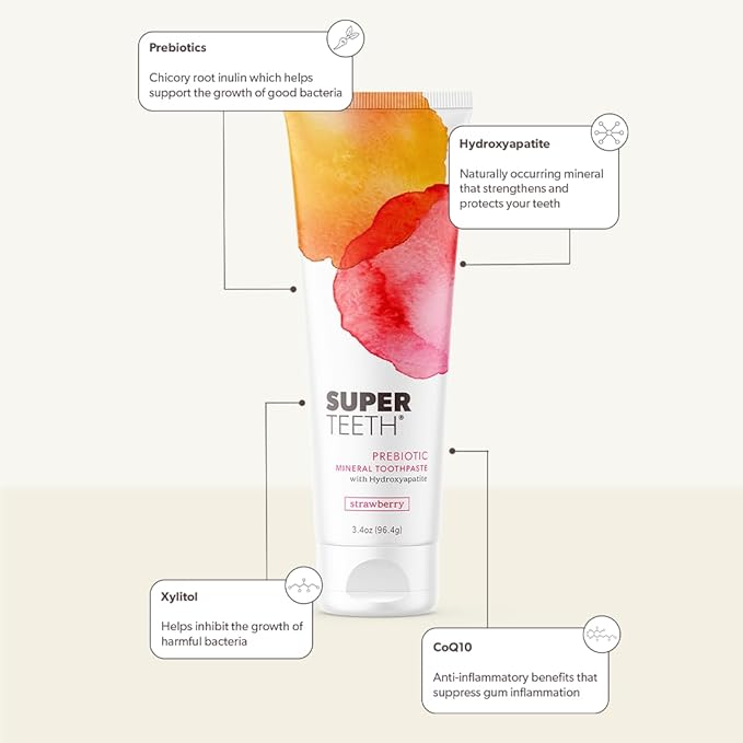 SuperTeeth Prebiotic Mineral Toothpaste for Adults and Kids | Antiplaque | Hydroxyapatite | Fluoride Free | SLS Free | Remineralizing | Oral Care | Made in USA | Strawberry