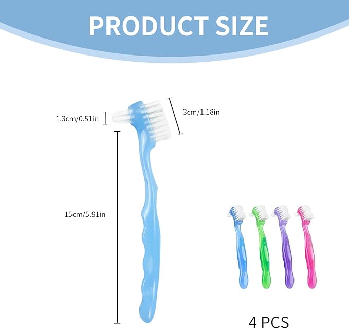 Denture Toothbrush, 4Pcs Denture Brush, Dual Head Toothbrush with Hard Bristles, Comfortable Handle for Elderly, Easy to Use Hard Hygienic Bristle for Care Cleaner