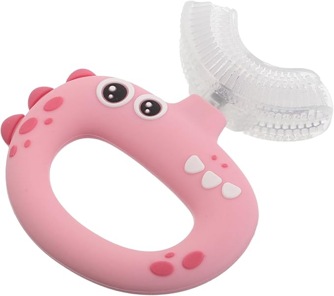 U Shaped Kids Toothbrush for Oral Care - 360° Rotating Silicone Head - Manual Self Brushing Toothbrush - Dinosaur Fun Brush for Ages 0-3 Kids Pink