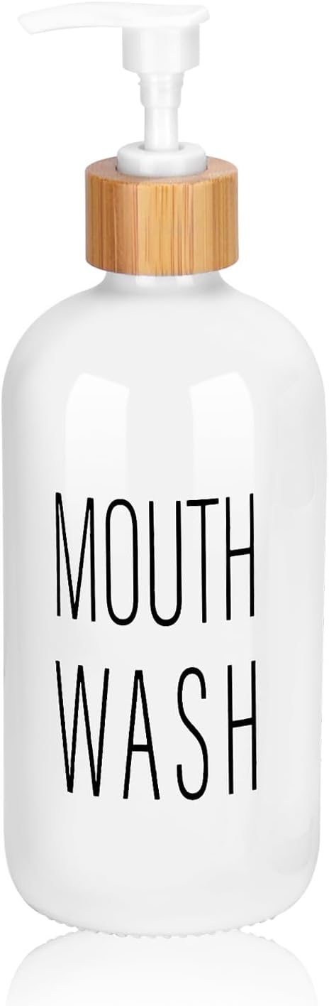 Pump Mouthwash Dispenser, Glass Mouthwash Container for Bathroom Countertop, Mouth Wash Bottle Decanter, White, Printed Font