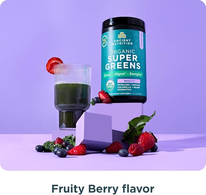Ancient Nutrition SuperGreens Powder with Probiotics, Organic Berry Flavor Greens, Made from Real Fruits, Vegetables and Herbs, Digestive and Energy Support, 25 Servings, 6.7oz-StrideForce Fitness