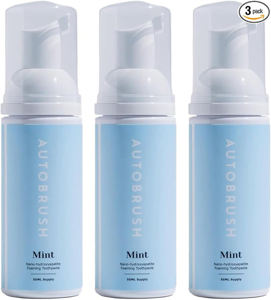Autobrush Fluoride-Free Foaming Toothpaste for Adults, Mint Flavor, Whitening & Deep Cleaning, Travel Friendly, Anti-Cavity (Pack of 3)