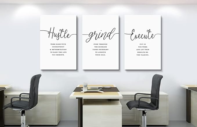 Framed Canvas Wall Art Hustle Quote, Office Wall Art, White Large Poster, Positive Motivational Set of 3 Prints, Execute Hustle Grind, Inspirational Print (H-3pcs,20x30inchx3pcs)-StrideForce Fitness