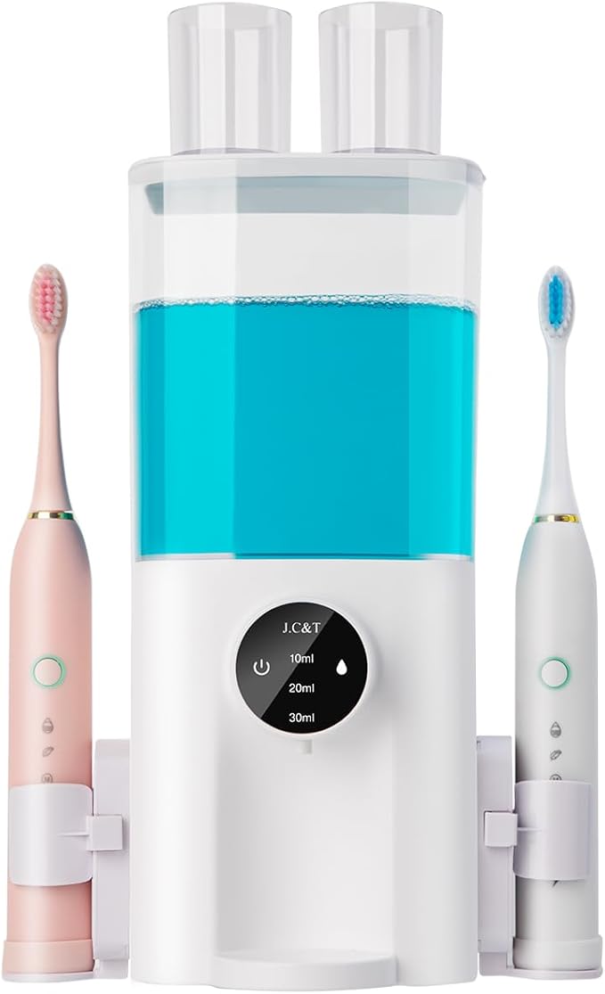 J.C&T Automatic Mouthwash Dispenser, 21.98 Fl Oz (650ML) Touchless Electric Wall-Mounted & Countertop, Rechargeable Mouth Wash Dispensers for Bathroom with Magnetic Cups for Kids & Adults, White