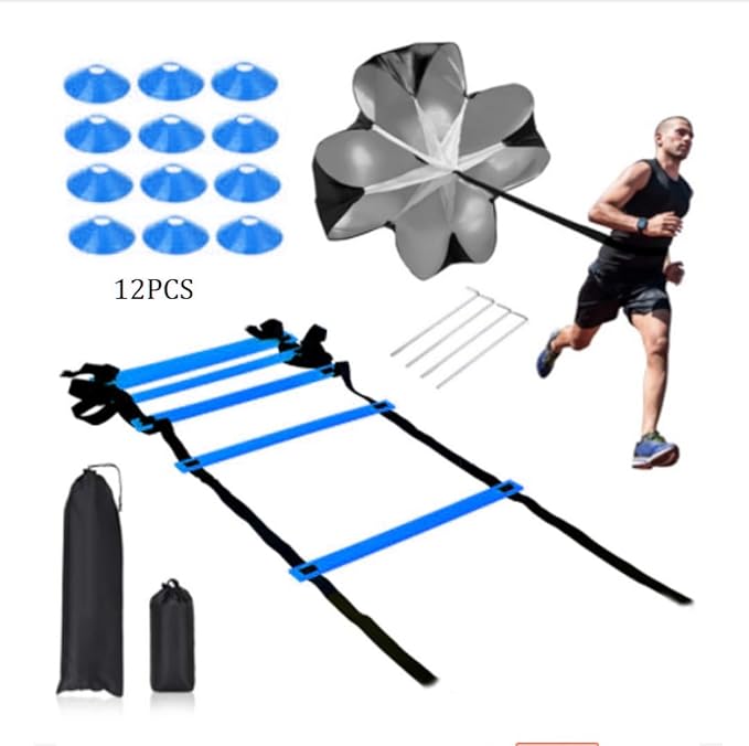 Speed Training Equipment Set, 12 rungs Agility Ladder, 12 Soccer Cones, Jump Rope, Running Parachute, Resistance Bands, Basketball Football Soccer Training Equipment for Kids Youth Adults.-StrideForce Fitness