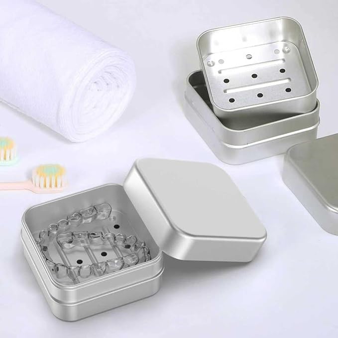 Aluminum Retainer Case Compatible with Invisalign,2 Pack Durable Denture Holder Orthodontic Aligner Holder Mouth Guard Case Retainer Soaking Cups for Travel, Camping, Office