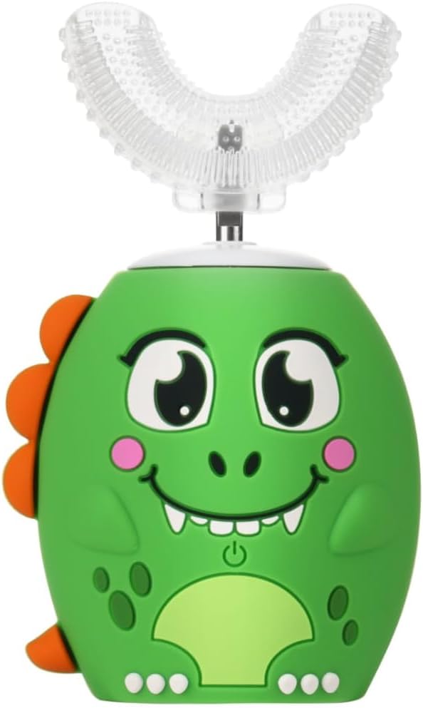 Trueocity Kids U Shape Toothbrush Auto Electric Toddler Rechargeable Kids Automatic Toothbrush | 360° U-Shaped Silicone Brush Head | Gentle Cleaning for Ages 2–7 | Dinosaur Design (Green)
