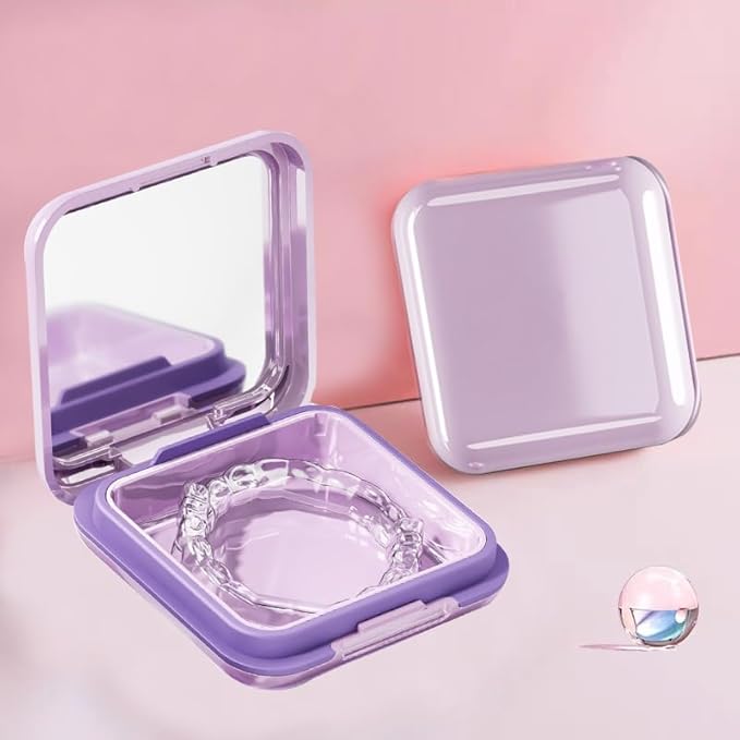Retainer Case,Cute Mouthguard Case with Mirror,Slim Night Mouth Guard Case with Lid Hinge,Aligner Case,Inner Size 2.56, 2.36, 0.79inch