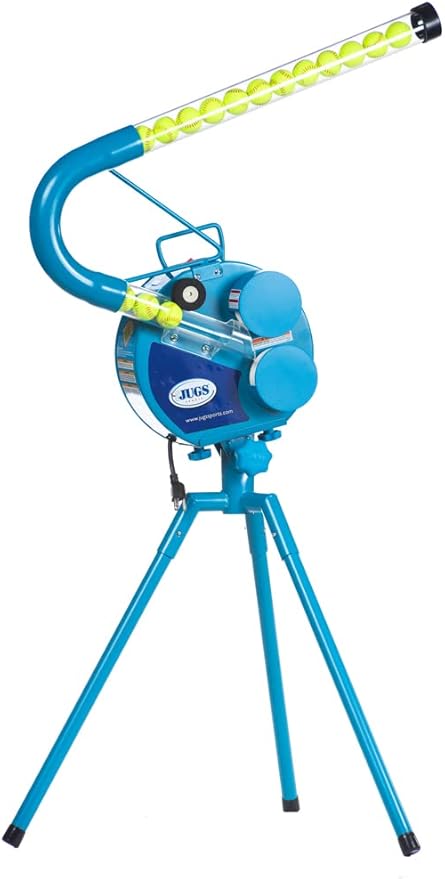 Jugs Small-Ball Pitching Machine with 2-Dozen Small-Balls—1-Dozen White and 1-Dozen Vision-Enhanced Yellow. Hitting Big. Throws fastballs or Overhand Curves., JUGS Blue-StrideForce Fitness