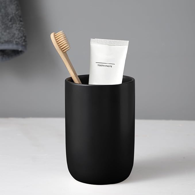Matte Black Toothbrush Holders for Bathrooms - 1 Cups Ceramic Toothbrush Toothpaste Holders, Black Bathroom Tumbler Cup Reusable Toothbrush Cup Black Mouthwash Cup, Bathroom Counter Organizer