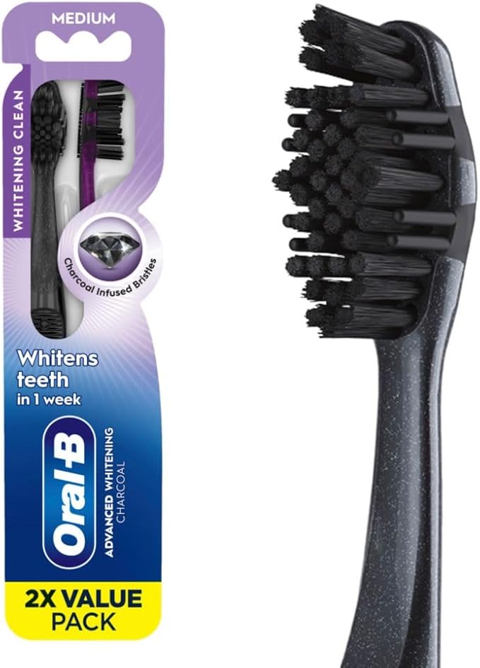 Oral-B 3D White Charcoal toothbrush, 2 count MEDIUM manual tootbrush pack, Whitens teeth, removes plaque and stains, tongue scraper tooth brush