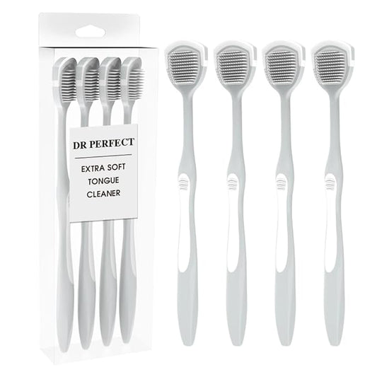 DR PERFECT Soft Tongue Brush Scraper Cleaner Helps Fight Bad Breath Clean Your Tongue Without Hurt Pack Of 4 (Gray)