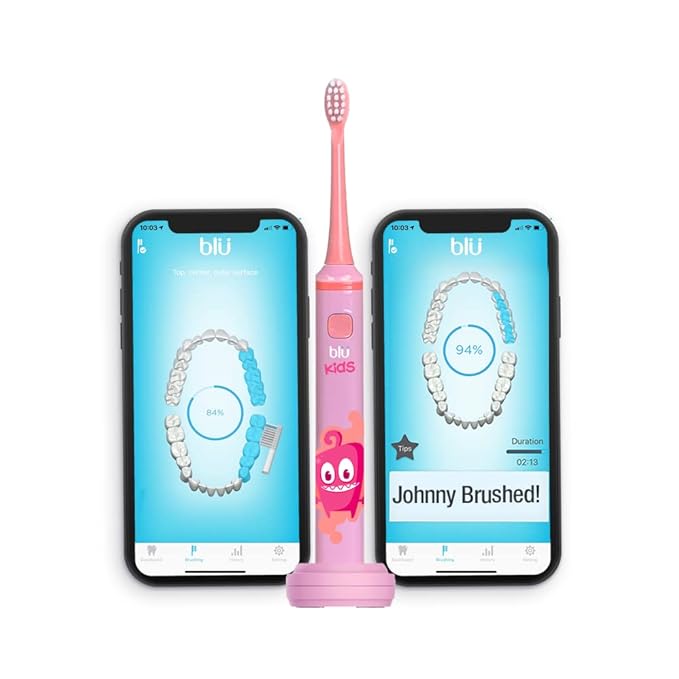 Blu Smart Bluetooth Enabled Kids Toothbrush with Live Tracking App to Teach Children Healthy Brushing Habits, Share Results with Your Dentist, Wireless Rechargeable Electric (Pink)